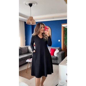 Kadın Uzun Kollu V Yakalı Salaş Midi Iki Iplik Elbise
