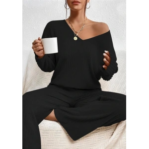 Kadın Uzun Kollu V Yakalı şardonlu Kaşkorse Bluz Ve Pantolon Ikili Takım