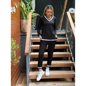 Kadın Uzun Kollu V Yakalı şerit Detay Alt Ve üst Viskon Iki Iplik Detay Ikili Takım