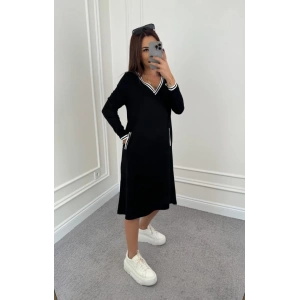 Kadın Uzun Kollu V Yakalı şerit Detaylı Cepli Midi Viskon Iki Iplik Elbise