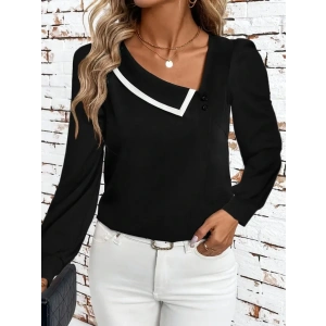 Kadın Uzun Kollu Yaka Detaylı Düğmeli Ithal Krep Bluz