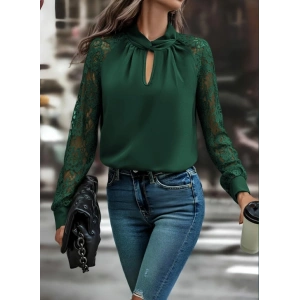 Kadın Uzun Kollu Yaka Düğme Detay Güpürlü Kol Krep Bluz