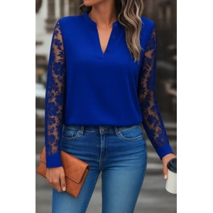 Kadın Uzun Kollu Yaka Düğme Detay Güpürlü Kol Krep Bluz