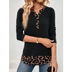 Kadın Uzun Kollu Yakadan Düğmeli Leopar Detaylı Kaşkorse Bluz