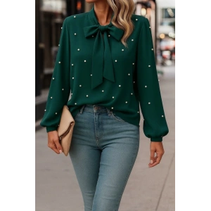 Kadın Uzun Kollu Yakadan Fiyonklu Incili Ithal Krep Bluz