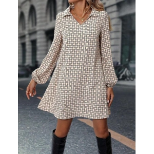 Kadın Uzun Kollu Yakalı Desenli Mini Modal Elbise