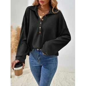 Kadın Uzun Kollu Yakalı Düğmeli Salaş Waffle Bluz