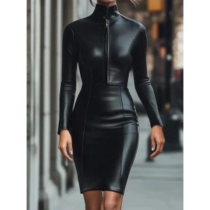 Kadın Uzun Kollu Yakalı Fermuarlı Mini Deri Elbise