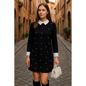 Kadın Uzun Kollu Yakalı Incili Ithal Krep Elbise