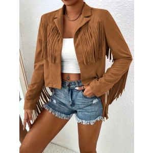 Kadın Uzun Kollu Yakalı Kısa Püsküllü Süet Ceket