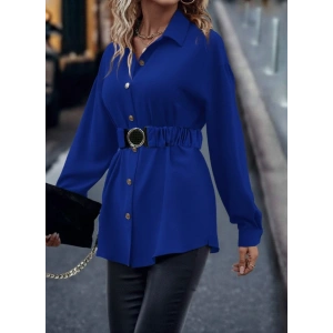 Kadın Uzun Kollu Yakalı önden Düğmeli Belden Kemerli Ithal Krep Bluz