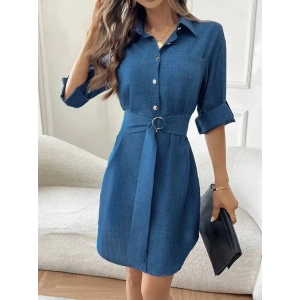 Kadın Uzun Kollu Yakalı önden Düğmeli Beli Kuşaklı Mini Ithal Keten Elbise