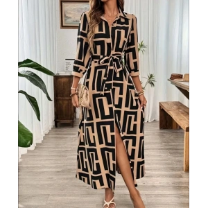 Kadın Uzun Kollu Yakalı önden Düğmeli Uzun Süprem Elbise