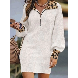 Kadın Uzun Kollu Yakalı önden Fermuarlı Leopar Detaylı Mini Peluş Elbise