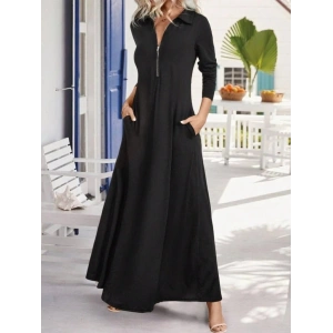 Kadın Uzun Kollu Yakalı önden Fermuarlı Uzun Viskon Iki Iplik Elbise