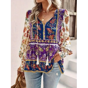 Kadın Uzun Kollu Yakası Açık Bağcıklı çiçek Desenli Salaş Bluz