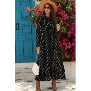 Kadın Uzun Kollu Yakası Bağcıklı Uzun Puantiyeli Krep Maxi Elbise