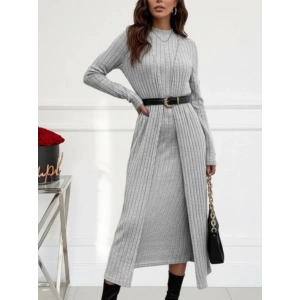 Kadın Uzun Kollu Yarı Balıkçı Yaka şardonlu Kaşkorse Elbise Ve Uzun Hırka Ikili Takım