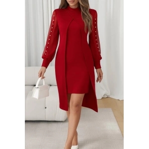 Kadın Uzun Kollu Yarı Balıkçı Yaka Tül Ve Inci Detaylı Kısa Ithal Krep Midi Elbise