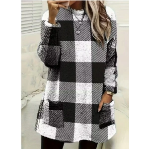 Kadın Uzun Kollu Yarı Balıkçı Yakalı Cep Detaylı Ekoseli Dokuma Tunik