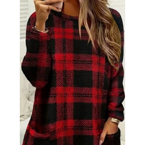 Kadın Uzun Kollu Yarı Balıkçı Yakalı Cep Detaylı Ekoseli Dokuma Tunik