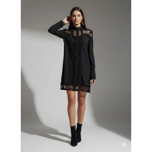 Kadın Uzun Kollu Yarım Balıkçı Yaka Transparan Detaylı Mini Elbise