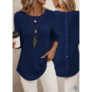 Kadın Uzun Kollu Yuvarlak Yaka Arkadan Düğmeli Waffle Bluz