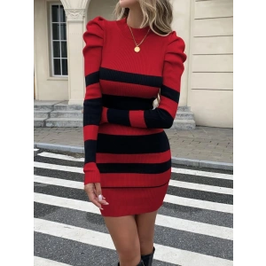 Kadın Uzun Kollu Yuvarlak Yaka Balon Omuz Kol Detaylı çok Renkli Mini Elbise