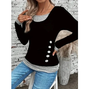 Kadın Uzun Kollu Yuvarlak Yaka Blok Renkli Yandan Düğmeli Viskon Bluz