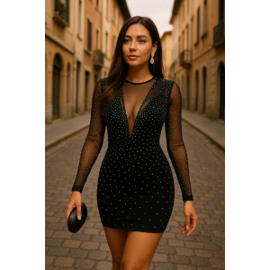 Kadın Uzun Kollu Yuvarlak Yaka Dekolteli Taşlı Dalgıç Elbise