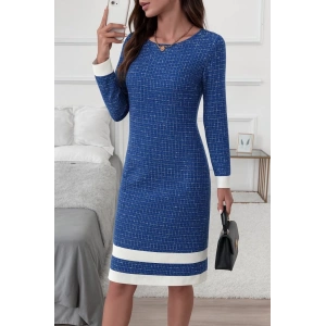 Kadın Uzun Kollu Yuvarlak Yaka Etek Ucu şerit Detaylı Mini Dokuma Elbise