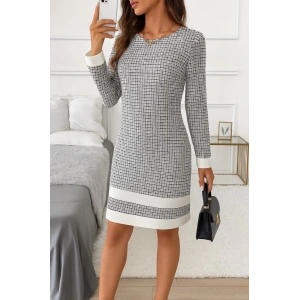 Kadın Uzun Kollu Yuvarlak Yaka Etek Ucu şerit Detaylı Mini Dokuma Elbise
