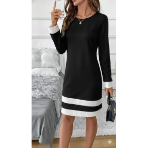 Kadın Uzun Kollu Yuvarlak Yaka Etek Ucu şerit Detaylı Mini Siyah Beyaz Dalgıç Elbise