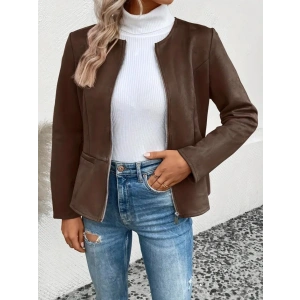 Kadın Uzun Kollu Yuvarlak Yaka önden Fermuarlı Süet Ceket