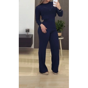 Kadın Uzun Kollu Yuvarlak Yaka Transparan Detaylı Triko Bluz Ve Pantolon Ikili Takım