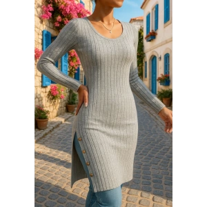 Kadın Uzun Kollu Yuvarlak Yaka Yandan Yırtmaçlı Düğmeli şardonlu Kaşkorse Bluz