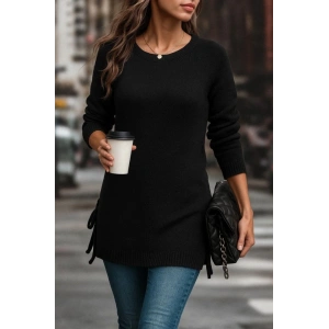 Kadın Uzun Kollu Yuvarlak Yakalı Yanlardan Bağcıklı Triko Bluz