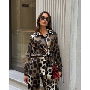 Kadın Uzun Kolluleopar Baskılı Saten Kumaş Ikili Takım