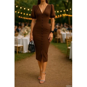 Kadın V Yaka Önü Düğmeli Sırt Pencere Dekolte Elbise