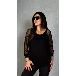 Kadın Yarasa Kol Puantiyeli Tül Detay Bluz