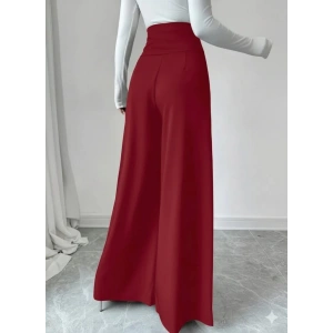 Kadın Yüksek Bel Düğmeli Geniş Paçalı Ithal Krep Pantolon