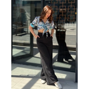 Kadın Yüksek Bel Geniş Paça Detaylı Cepli Ithal Krep Pantolon