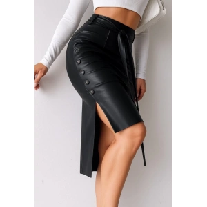 Kadın Yüksek Bel Kuşaklı Yanlardan Düğmeli Mini Deri Etek