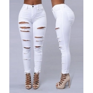 Kadın Yüksek Bel Lazer Yırtık Desenli Kot Pantolon