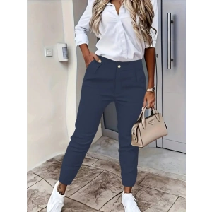 Kadın Yüksek Bel önden Düğmeli Cepli Bilek Lastik Detay Atlas Pantolon