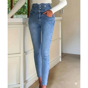 Kadın Yüksek Bel önden Düğmeli Cepli Dar Kesim Detaylı Kot Pantolon