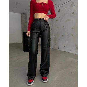 Kadın Yüksek Bel önden Fermuarlı Yandan Cep Detaylı Deri Kargo Pantolon