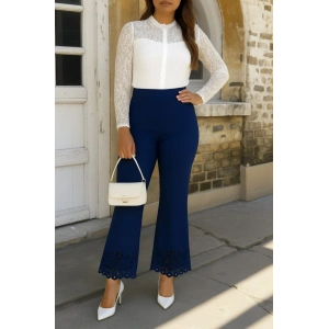 Kadın Yüksek Bel Paçaya Doğru Genişleyen Lazer çiçek Kesim Detaylı Ithal Krep Pantolon