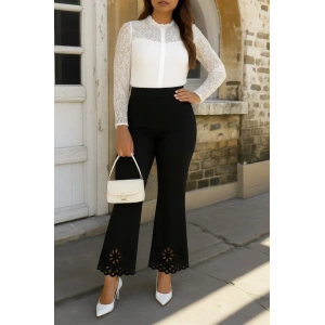 Kadın Yüksek Bel Paçaya Doğru Genişleyen Lazer çiçek Kesim Detaylı Ithal Krep Pantolon