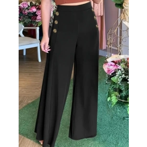 Kadın Yüksek Bel Yan Düğme Detaylı Geniş Paçalı Ithal Krep Pantolon